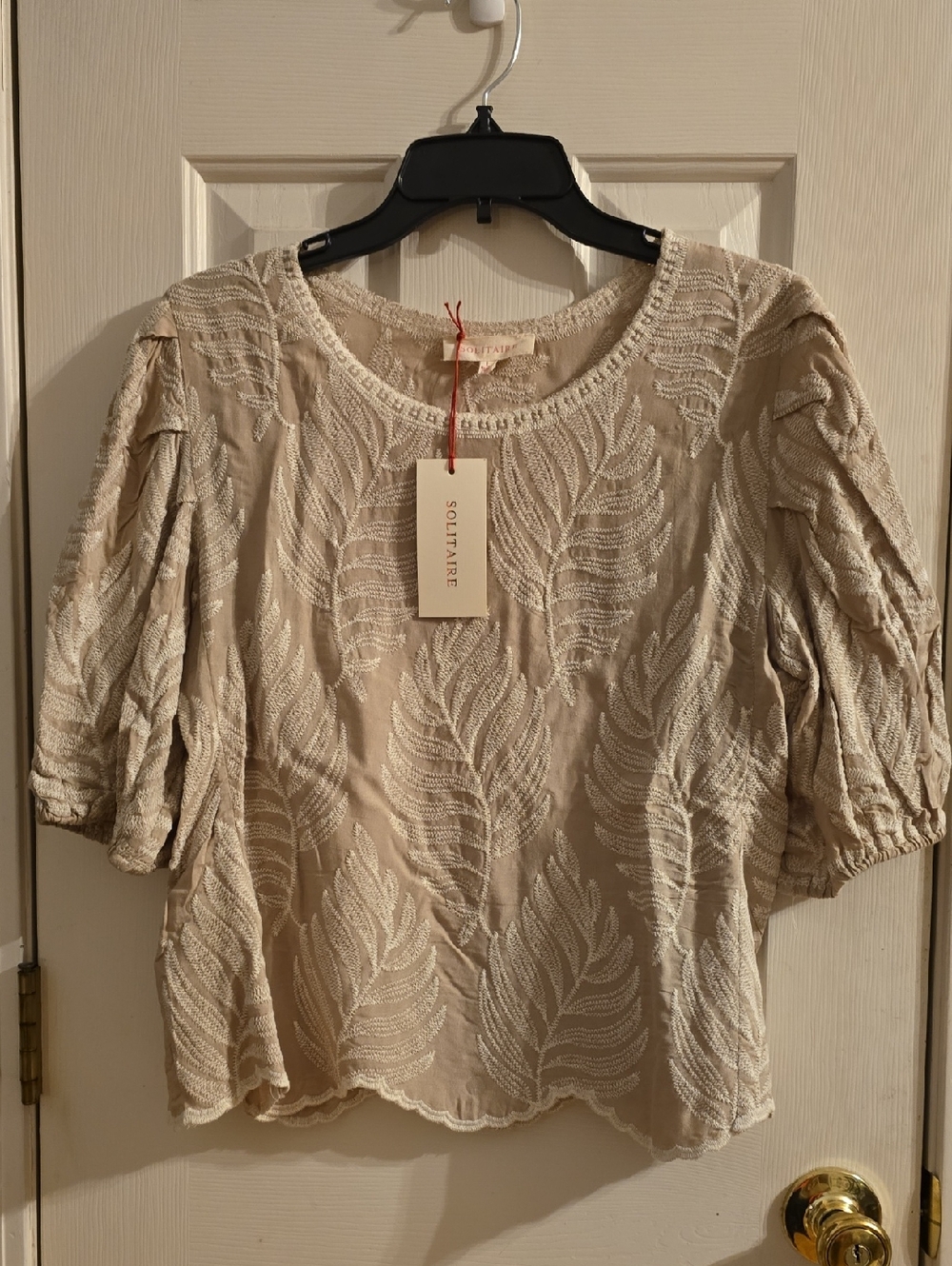 Solitaire Tan Embroidered Puff-Sleeve Blouse